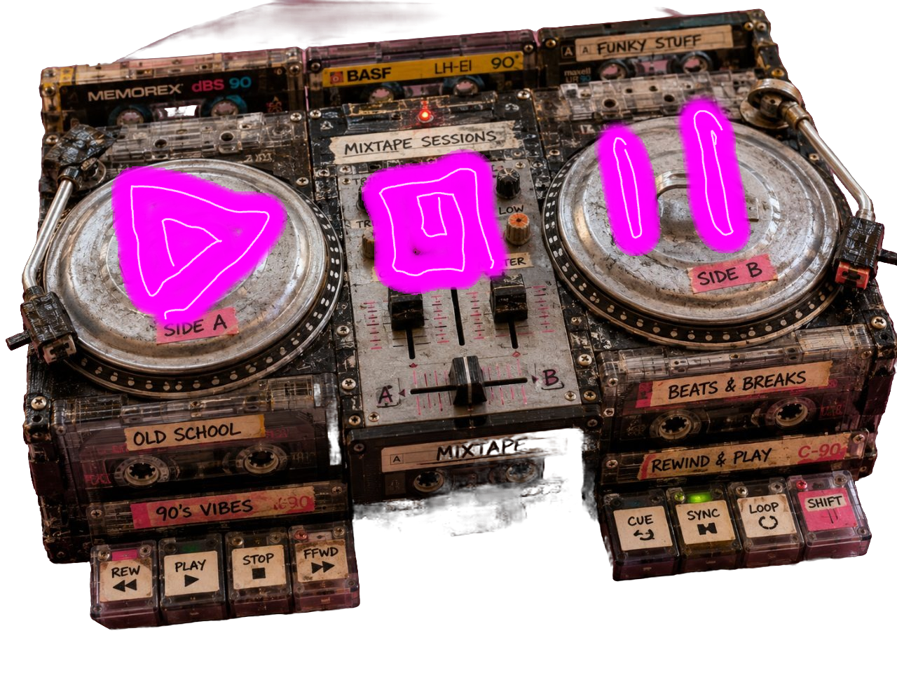 TRASHSET decks — press the painted triangle to play, press elsewhere to open the player